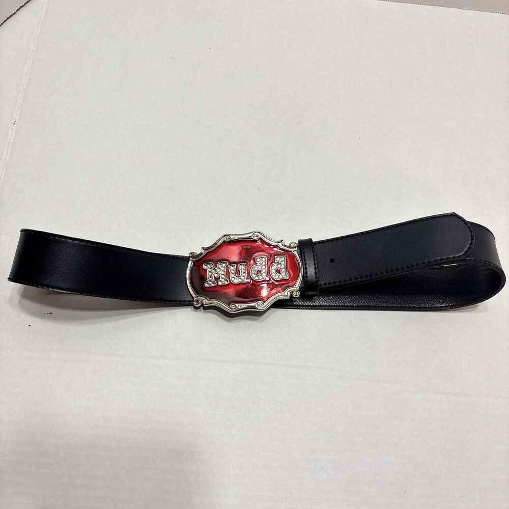 Vtg MUDD Rhinestone Spellout Belt Black Leather Red Enamel Big Statement Buckle - Picture 5 of 5
